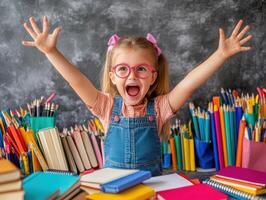 Excited child expressing joy in a colorful classroom setting photo