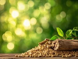 Wood logs and pellets on a rustic table with a blur photo