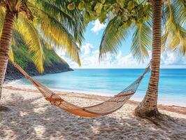 Relaxing hammock between palm trees on a tranquil beach in paradise photo