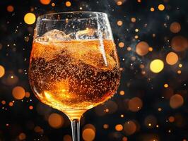 Sparkling beverage with ice in a glass on a festive background photo