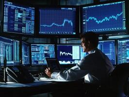 Trader analyzes data in a high-tech office environment at night photo