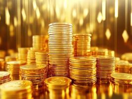 Piles of shiny gold coins create a wealth display in bright light photo