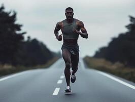 Man running on an empty road during cloudy weather photo