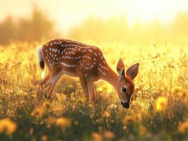 Baby deer grazes in a sunlit meadow during golden hour photo
