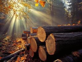 Sunlight filters through trees onto stacked logs in autumn forest photo