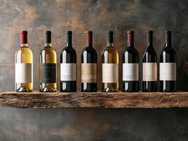 Selection of wine bottles displayed on a rustic wooden shelf photo