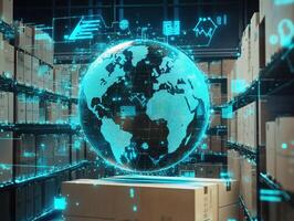 Digital globe visualization in modern warehouse setting with boxes photo