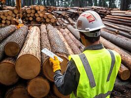 Logging worker assesses timber piles in a forest setting photo