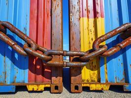 Old rusty chain securing colorful shipping containers at port photo
