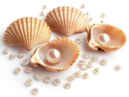 Three seashells with pearls surrounded by sparkling gems photo