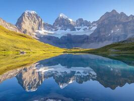 Mountain reflection in tranquil lake at sunrise photo