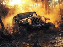 Off-road adventure in rugged terrain during golden hour photo