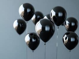 Black balloons float against a gray background in a festive setting photo