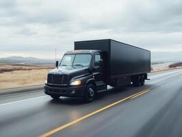 Black delivery truck drives down a deserted highway under cloudy skies photo