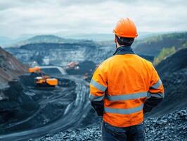 Worker surveys active mining site with machinery in operation photo