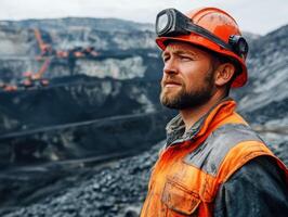 Miner at work observing the open-pit mine in an industrial setting photo
