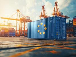 Cargo container with European Union flag at busy shipping port photo