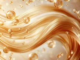 Golden hair strands flowing with bubbles in a bright background photo