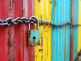 Chain linked padlock securing colorful containers in bright setting photo