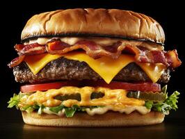 Juicy cheeseburger with bacon and fresh toppings ready to eat photo