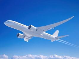 Large passenger airplane flying high above clouds in clear blue sky photo
