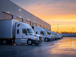 Trucks lined up at a distribution center during sunrise photo