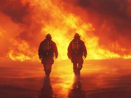 Firefighters advancing through flames during a fierce blaze photo