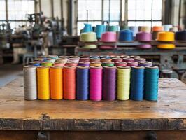 Colorful spools of thread arranged on a wooden table in a workshop photo