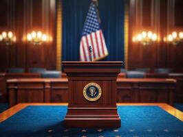 Presidential podium in a formal setting with U.S. flag displayed photo