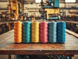 Colorful spools of thread arranged on a wooden table in a factory photo