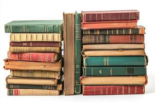 Old books stacked in a rustic arrangement on a light background photo