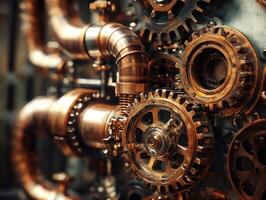 Intricate gears and pipes in a steampunk-inspired setting photo
