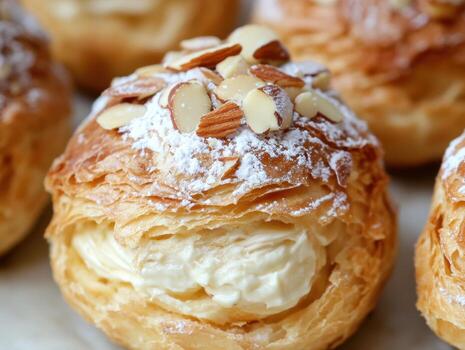 Delicious pastries with cream and almonds on display photo