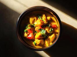 Savory chicken curry with fresh vegetables in warm lighting photo