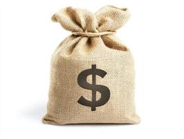Money bag made of burlap with dollar sign on a white background photo