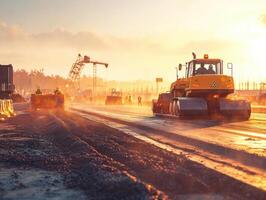 Construction workers operate heavy machinery during sunset photo