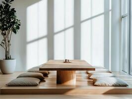 Cozy minimalist seating area with wooden table and cushions photo