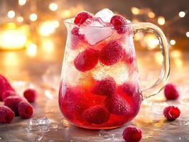 Raspberry beverage served in glass jug with ice and festive lights photo