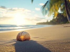 Shell on sandy beach during sunset near palm trees photo
