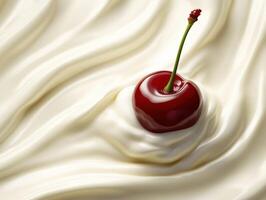 Creamy dessert swirl with a single cherry on top photo