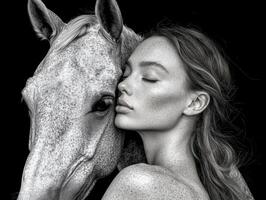 Embracing the bond between human and horse in black and white photo