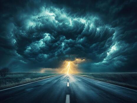 Dramatic storm clouds and lightning over an empty road at dusk photo