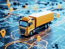 Modern logistics truck navigating a digital map with location markers photo
