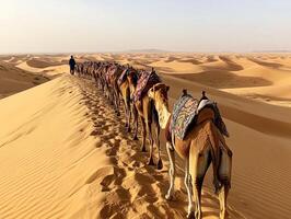 Camel caravan traverses golden sand dunes photo