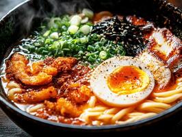 Delicious bowl of ramen with toppings served in a cozy restaurant photo