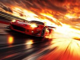 Race car speeding down track during sunset in vibrant colors photo