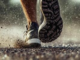 Runner splashes through puddles on a muddy trail during workout photo