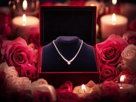 Elegant necklace displayed in a luxurious setting with roses photo