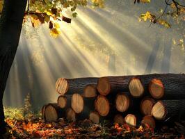 Sunlight filters through trees onto stacked logs in autumn woods photo