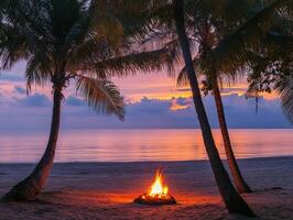 Sunset beach bonfire with palm trees and tranquil ocean view photo